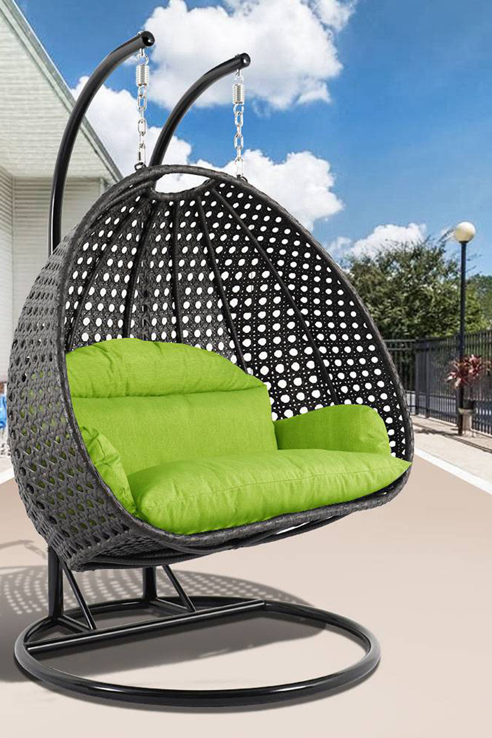 LeisureMod Modern Charcoal Wicker Hanging Double Seater Egg Swing Chair - Light Green