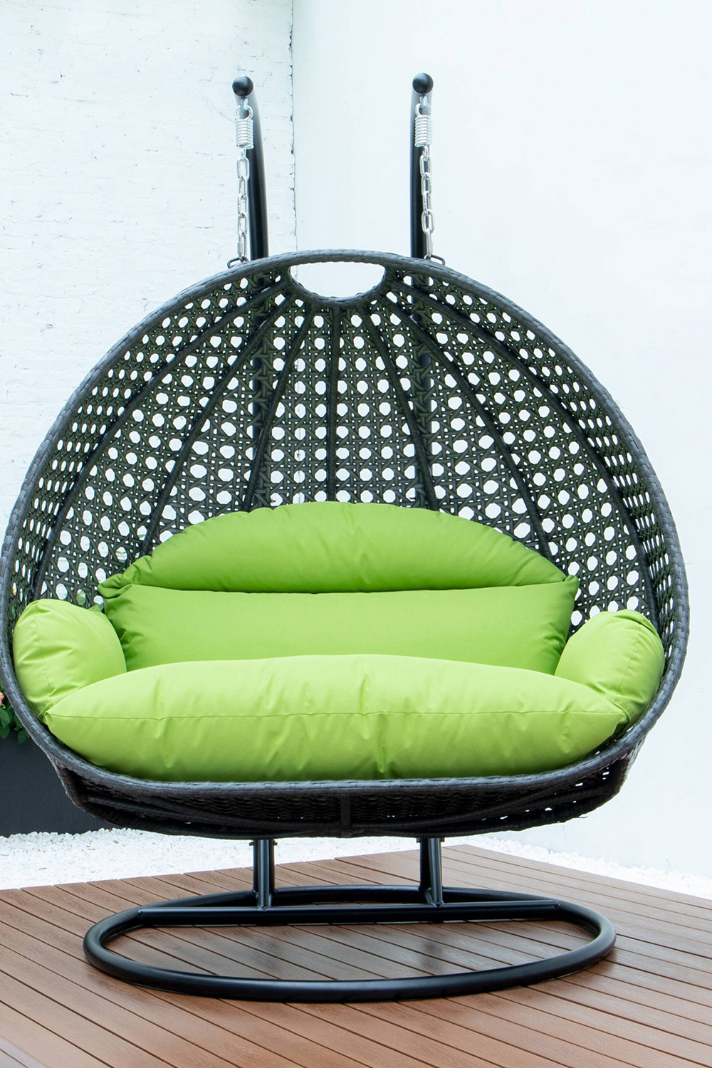 LeisureMod Modern Charcoal Wicker Hanging Double Seater Egg Swing Chair - Light Green