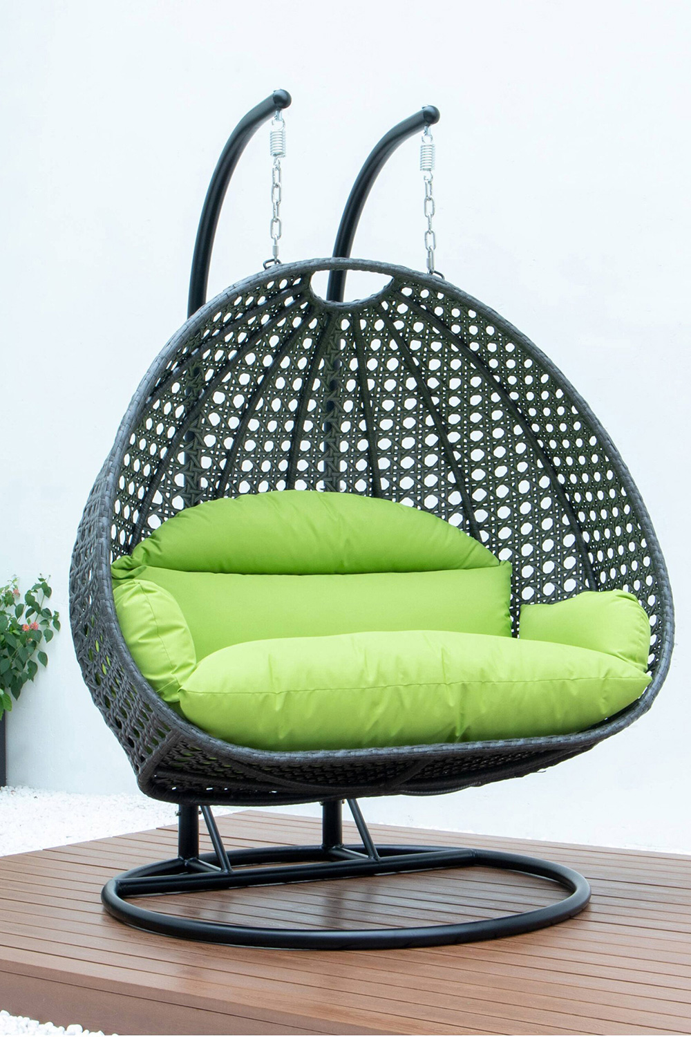 LeisureMod Modern Charcoal Wicker Hanging Double Seater Egg Swing Chair - Light Green