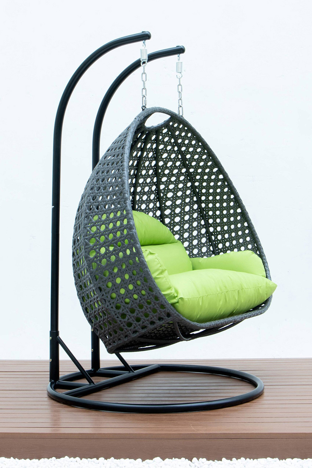 LeisureMod Modern Charcoal Wicker Hanging Double Seater Egg Swing Chair - Light Green