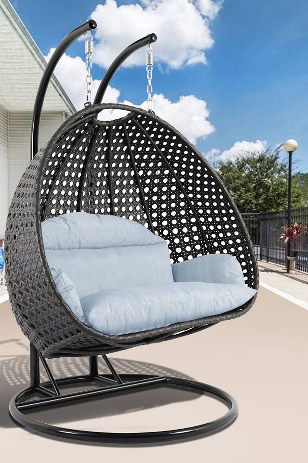 LeisureMod Modern Charcoal Wicker Hanging Double Seater Egg Swing Chair - Light Gray