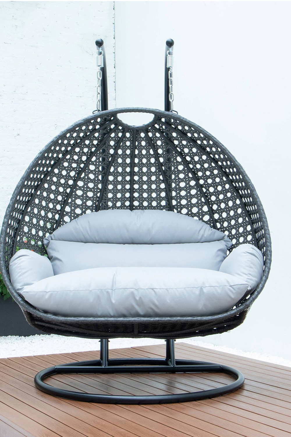 LeisureMod Modern Charcoal Wicker Hanging Double Seater Egg Swing Chair - Light Gray