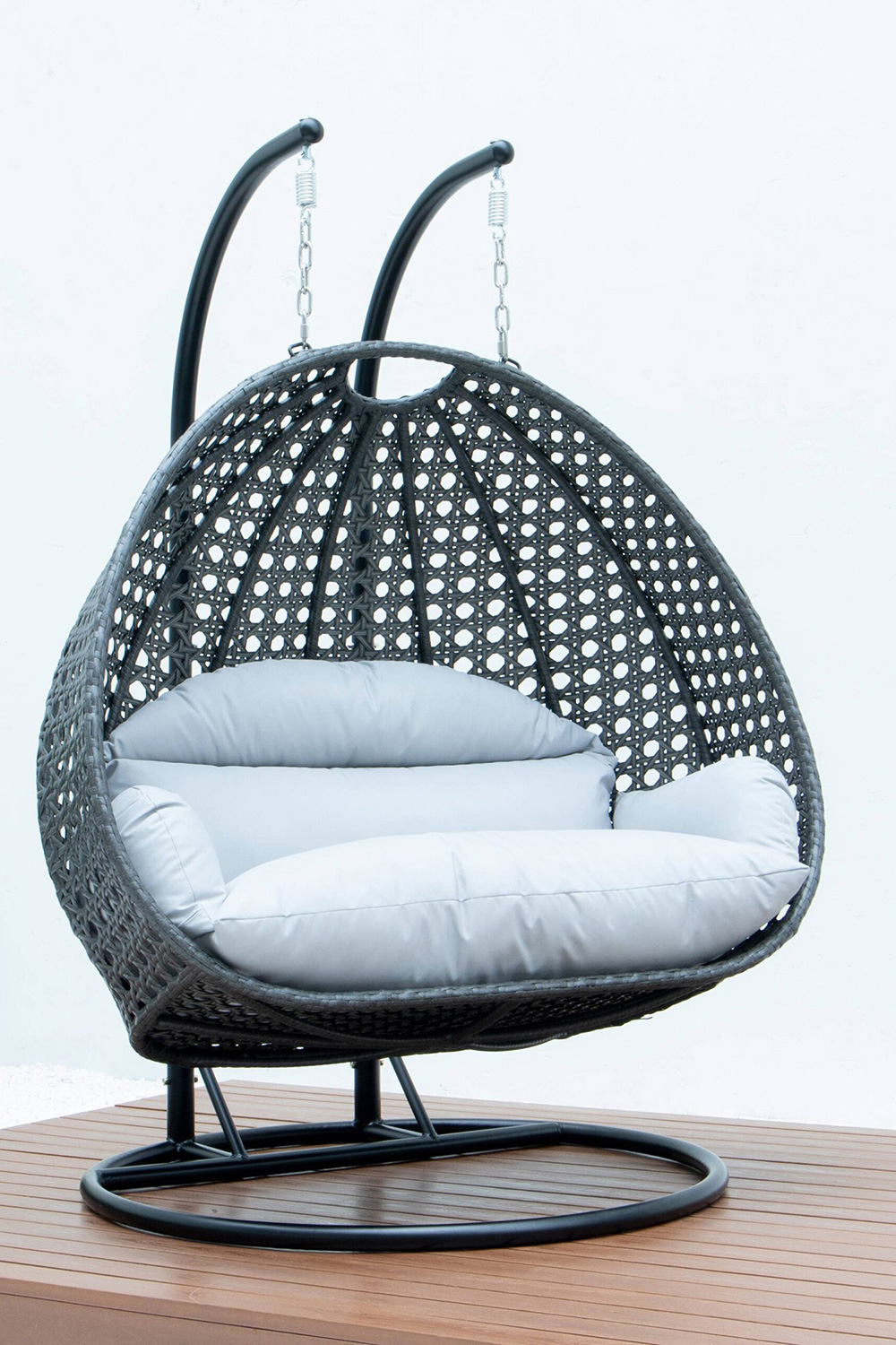 LeisureMod Modern Charcoal Wicker Hanging Double Seater Egg Swing Chair - Light Gray