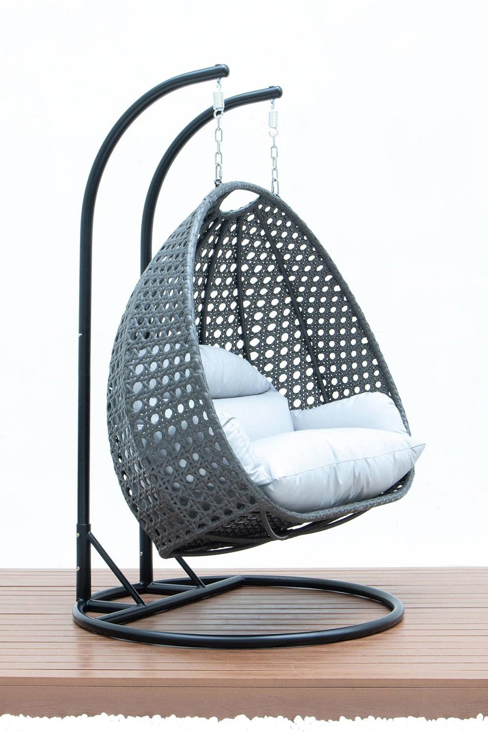 LeisureMod Modern Charcoal Wicker Hanging Double Seater Egg Swing Chair - Light Gray