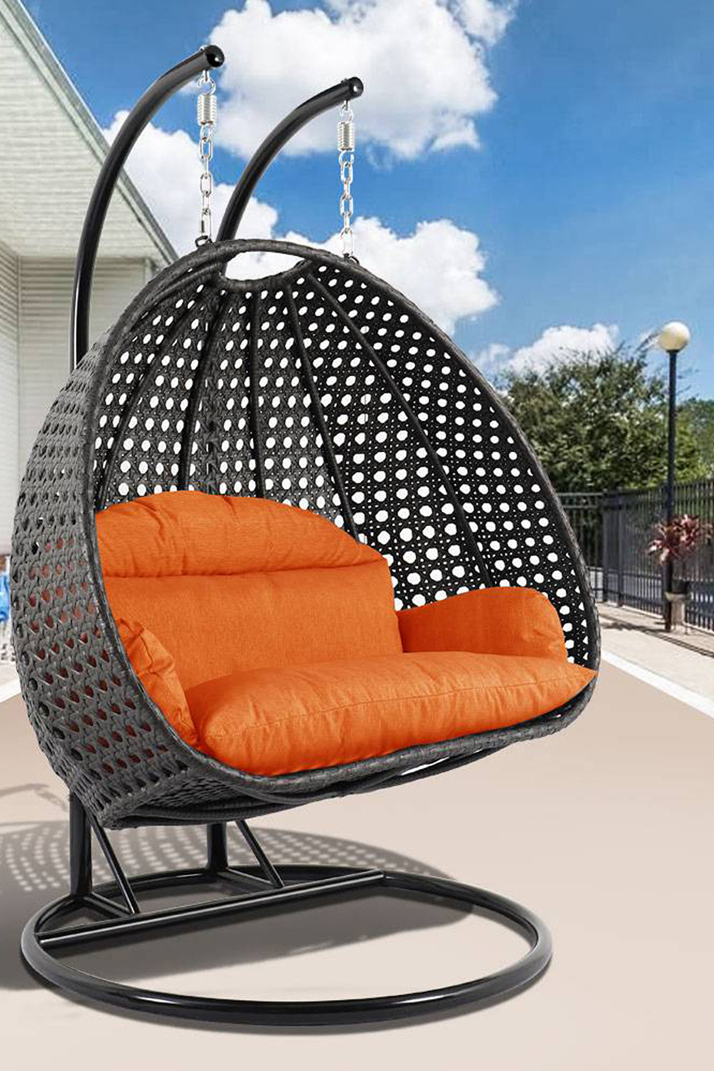 LeisureMod Modern Charcoal Wicker Hanging Double Seater Egg Swing Chair - Orange