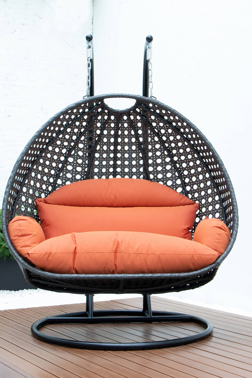 LeisureMod Modern Charcoal Wicker Hanging Double Seater Egg Swing Chair - Orange