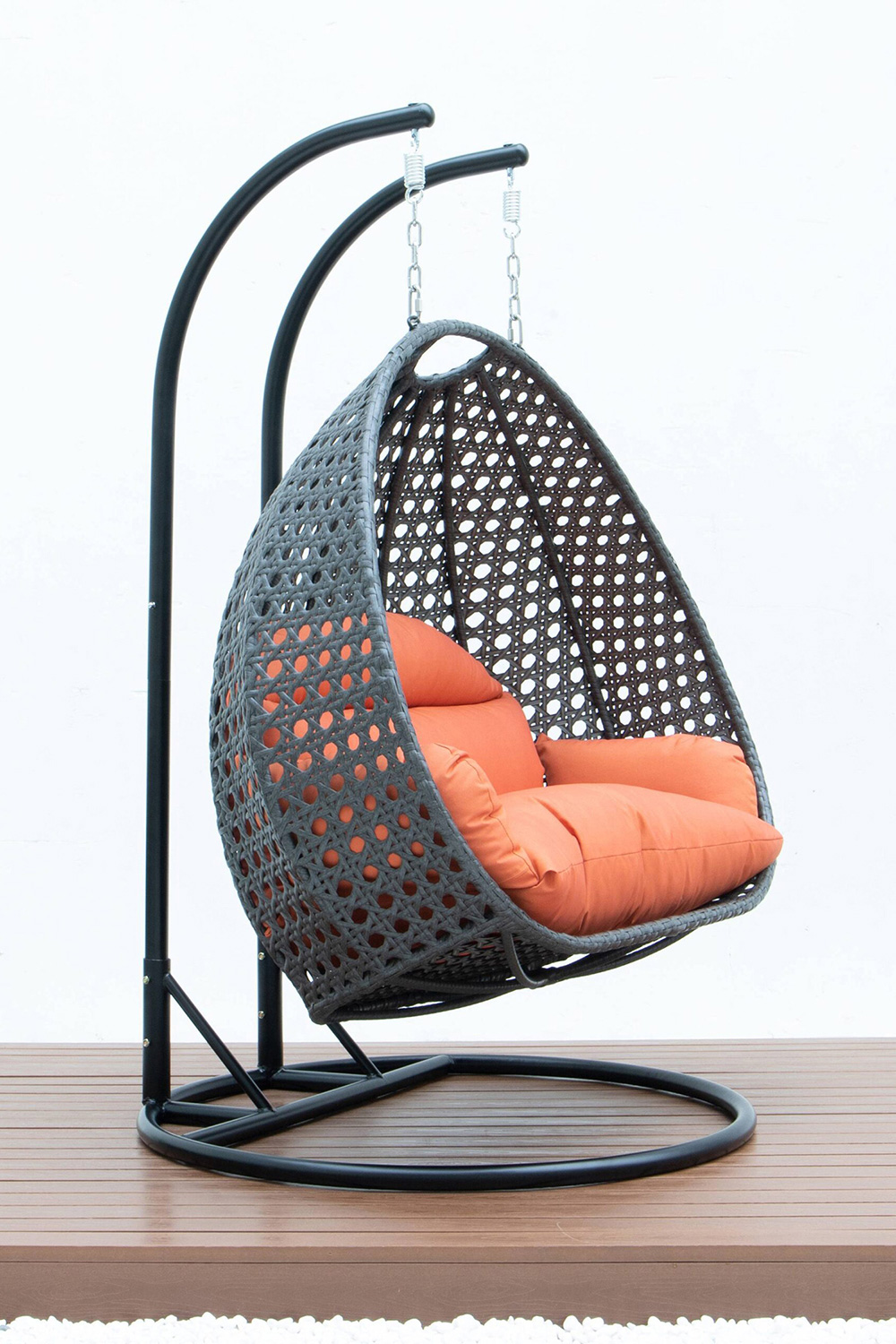 LeisureMod Modern Charcoal Wicker Hanging Double Seater Egg Swing Chair - Orange