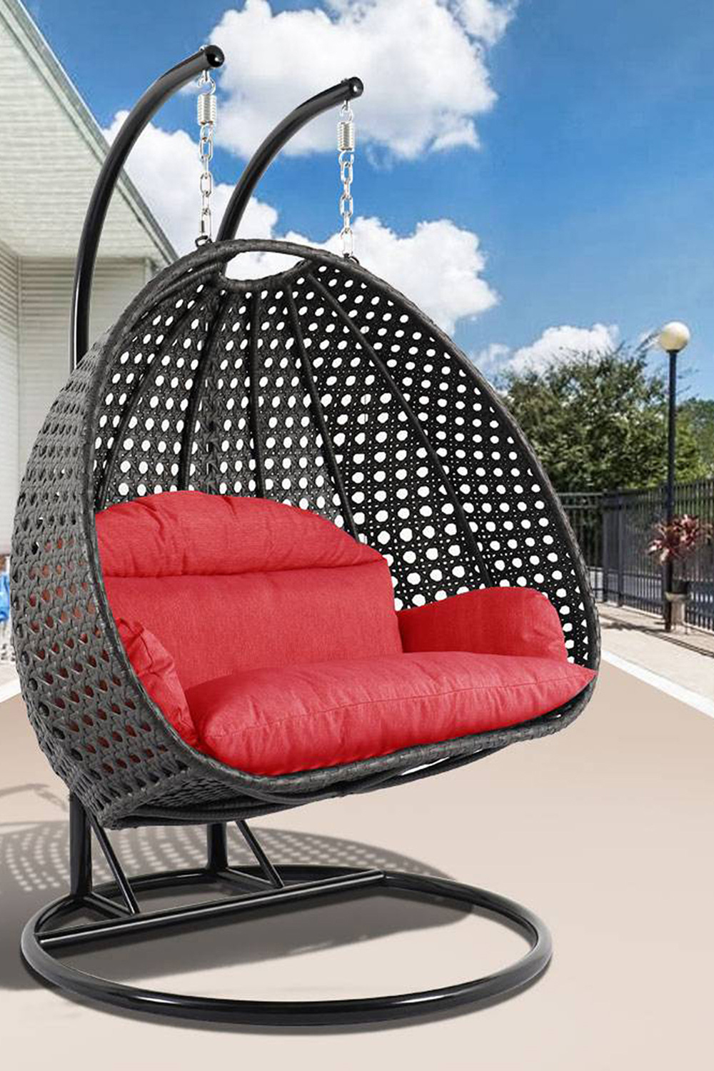 LeisureMod Modern Charcoal Wicker Hanging Double Seater Egg Swing Chair - Red