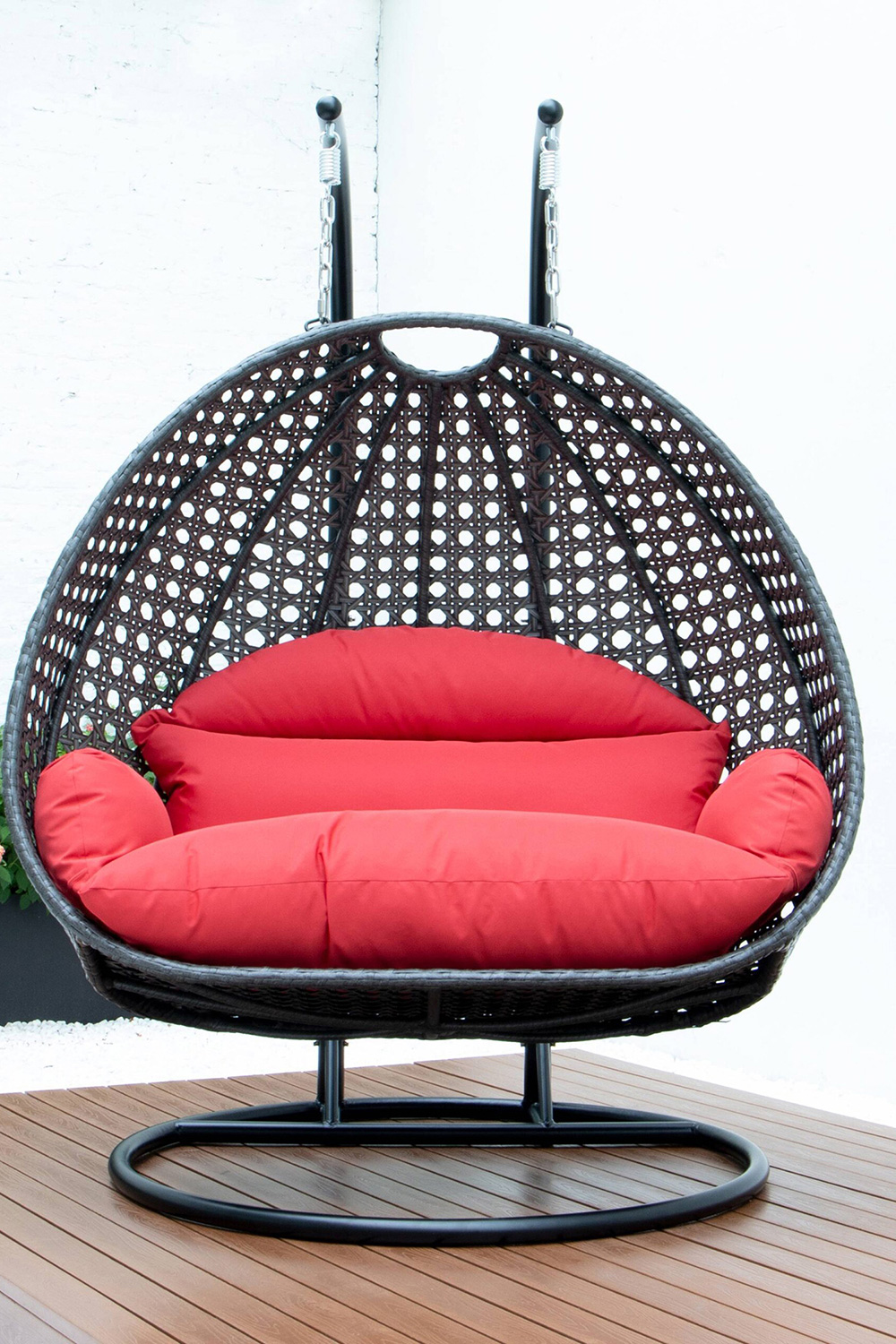 LeisureMod Modern Charcoal Wicker Hanging Double Seater Egg Swing Chair - Red