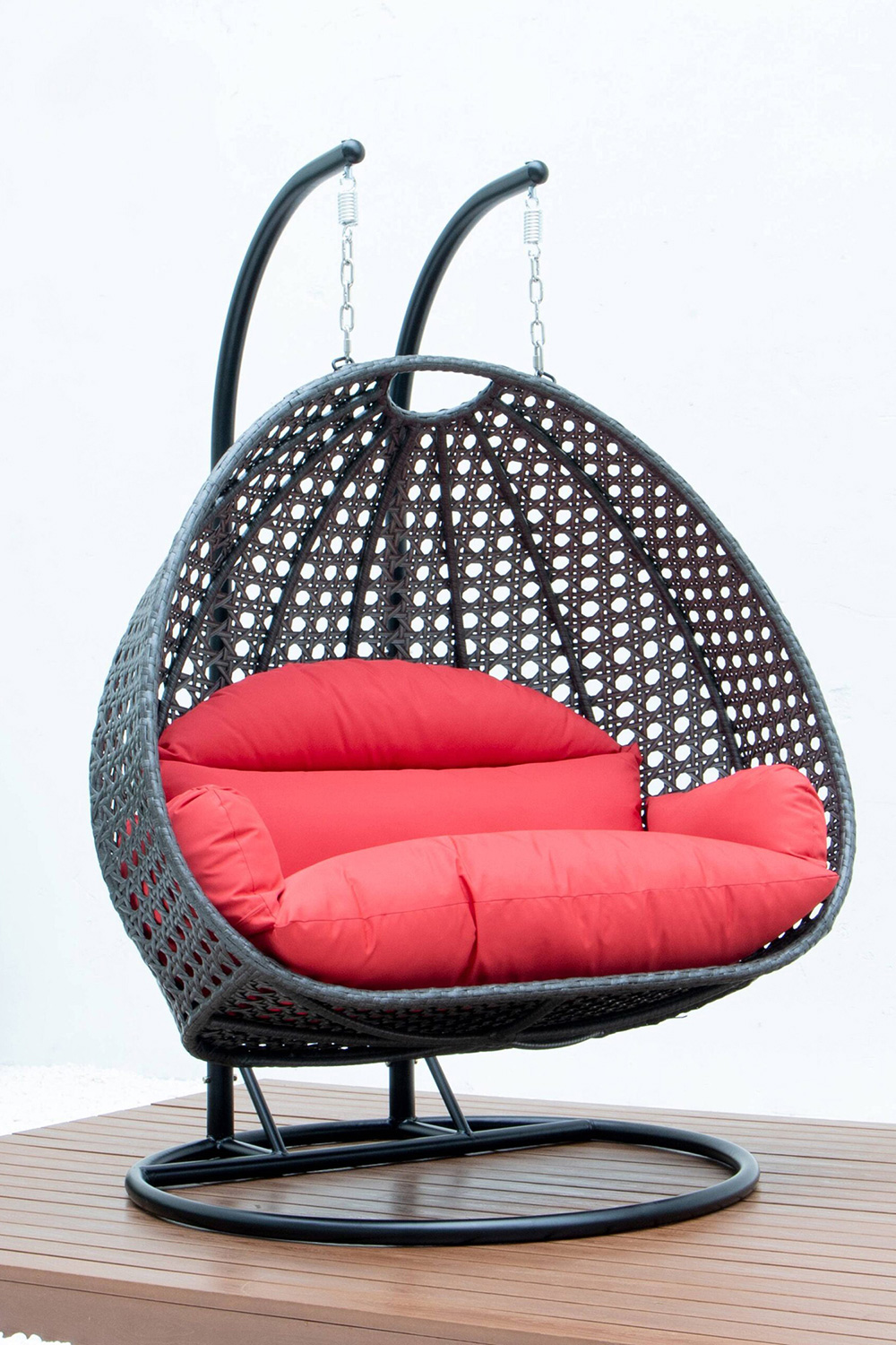 LeisureMod Modern Charcoal Wicker Hanging Double Seater Egg Swing Chair - Red