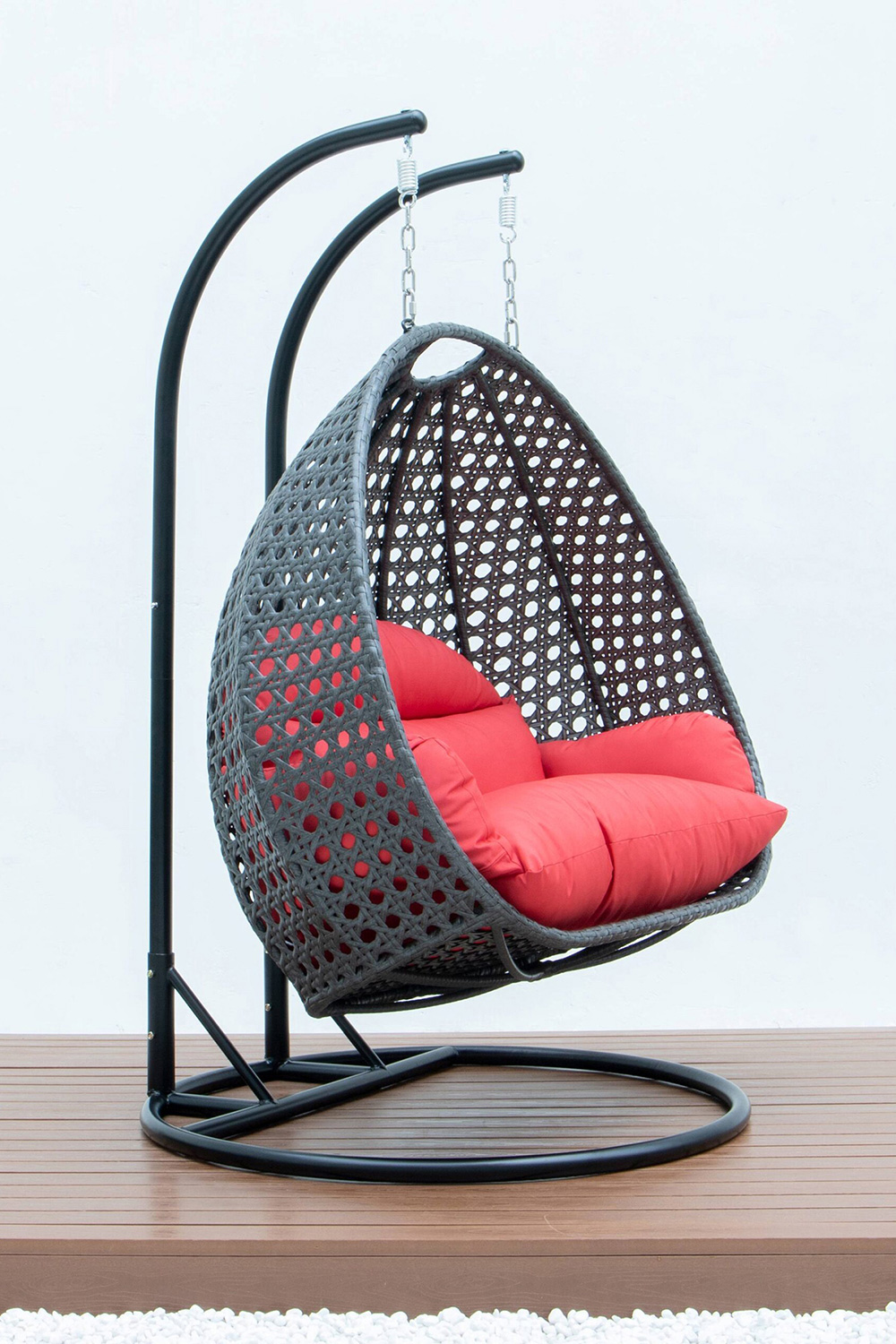 LeisureMod Modern Charcoal Wicker Hanging Double Seater Egg Swing Chair - Red