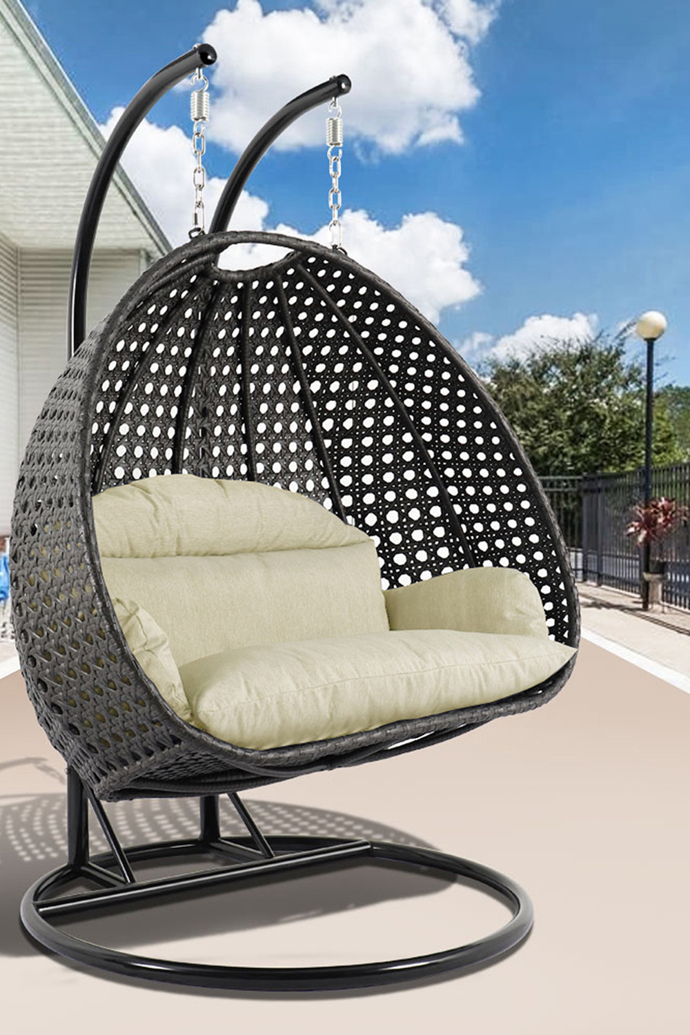 LeisureMod Modern Charcoal Wicker Hanging Double Seater Egg Swing Chair - Taupe