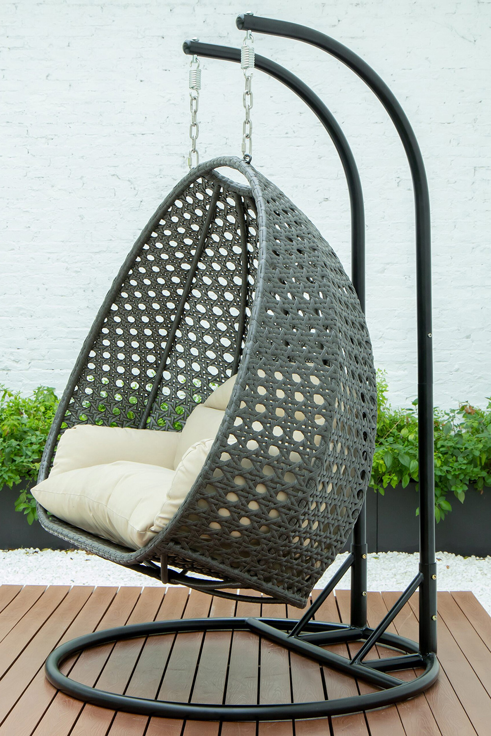 LeisureMod Modern Charcoal Wicker Hanging Double Seater Egg Swing Chair - Taupe