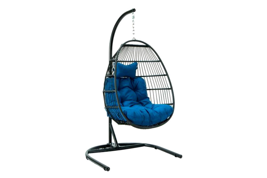 LeisureMod Wicker Folding Hanging Egg Swing Chair - Blue