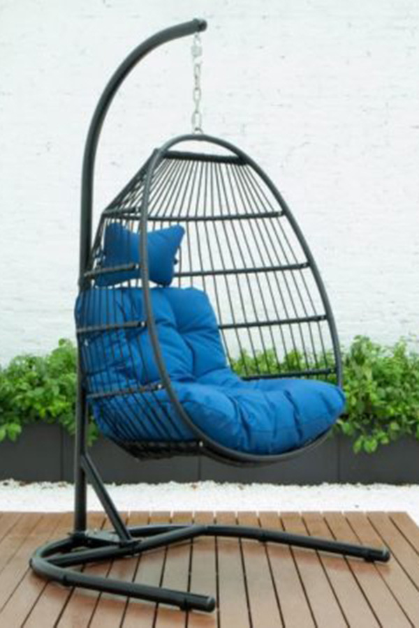 LeisureMod Wicker Folding Hanging Egg Swing Chair - Blue