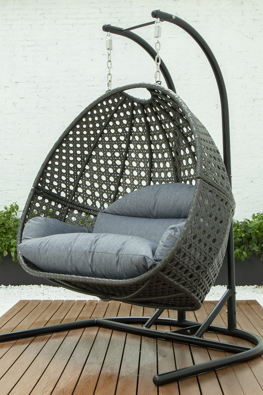 LeisureMod Wicker Hanging Double Egg Charcoal Swing Chair - Gray