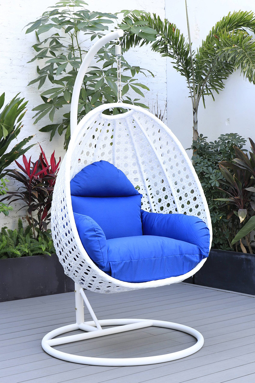 LeisureMod White Wicker Hanging Single Egg Swing Chair with Cushions - Blue