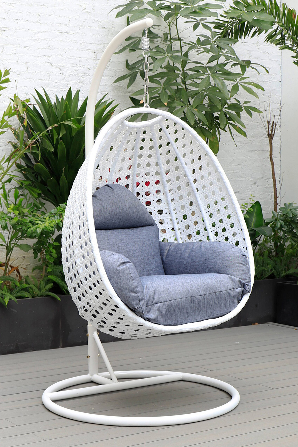 LeisureMod White Wicker Hanging Single Egg Swing Chair with Cushions - Charcoal/Blue