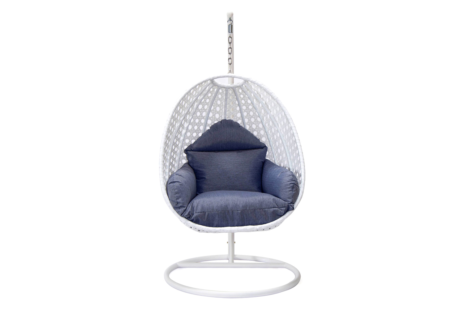 LeisureMod White Wicker Hanging Single Egg Swing Chair with Cushions - Charcoal/Blue