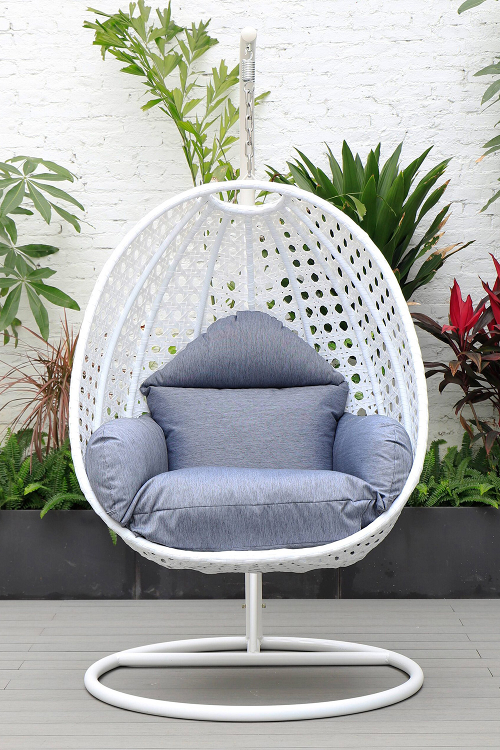 LeisureMod White Wicker Hanging Single Egg Swing Chair with Cushions - Charcoal/Blue