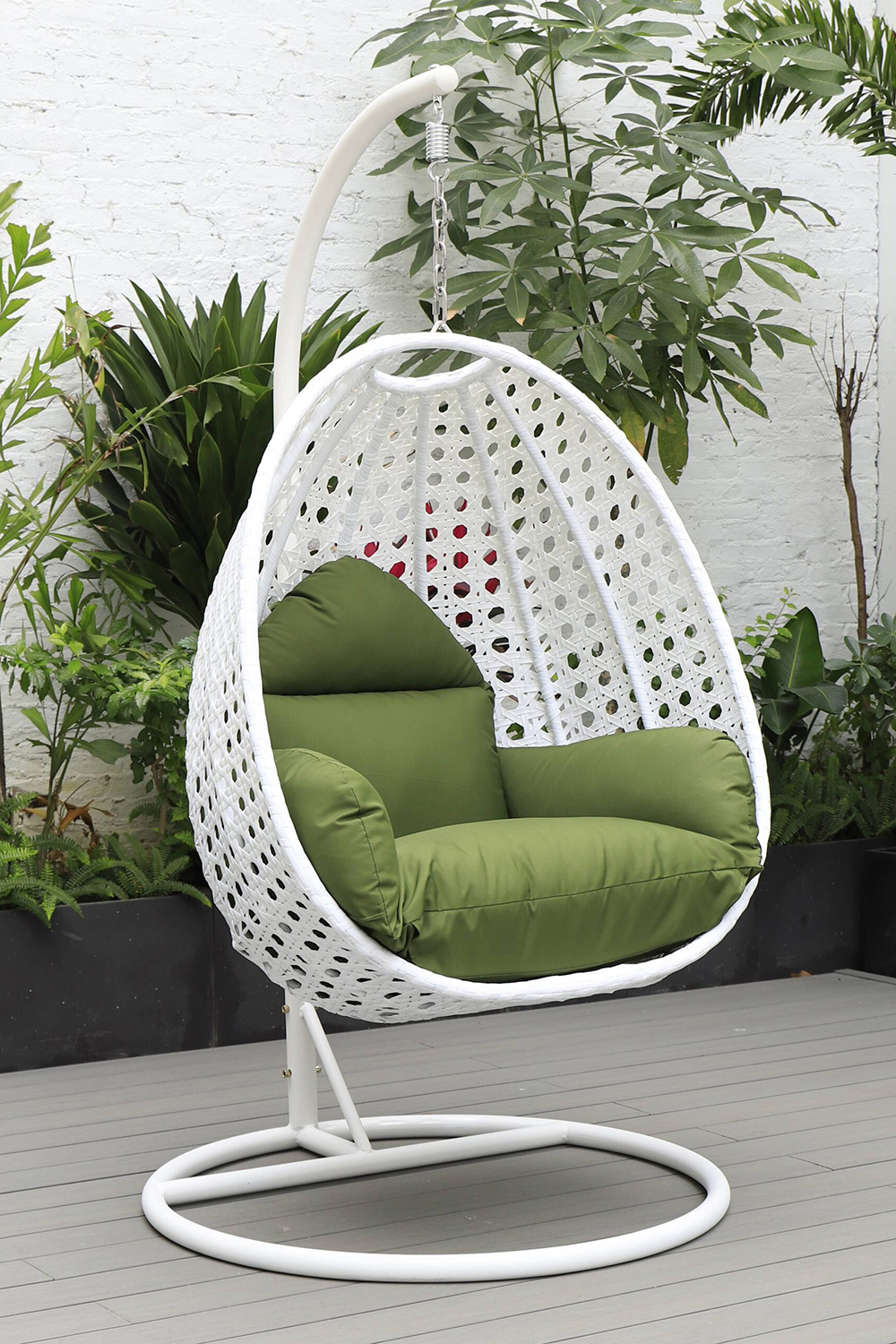 LeisureMod White Wicker Hanging Single Egg Swing Chair with Cushions - Dark Green