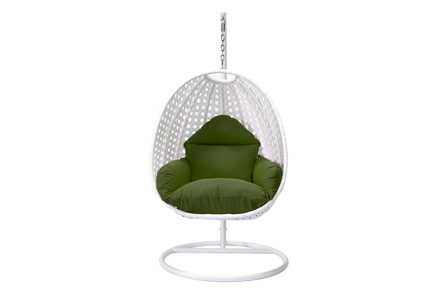 LeisureMod White Wicker Hanging Single Egg Swing Chair with Cushions - Dark Green