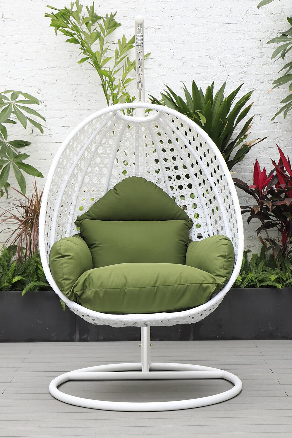 LeisureMod White Wicker Hanging Single Egg Swing Chair with Cushions - Dark Green