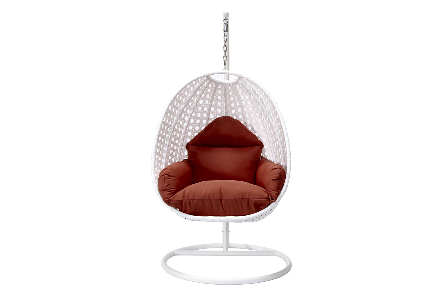 LeisureMod White Wicker Hanging Single Egg Swing Chair with Cushions - Cherry