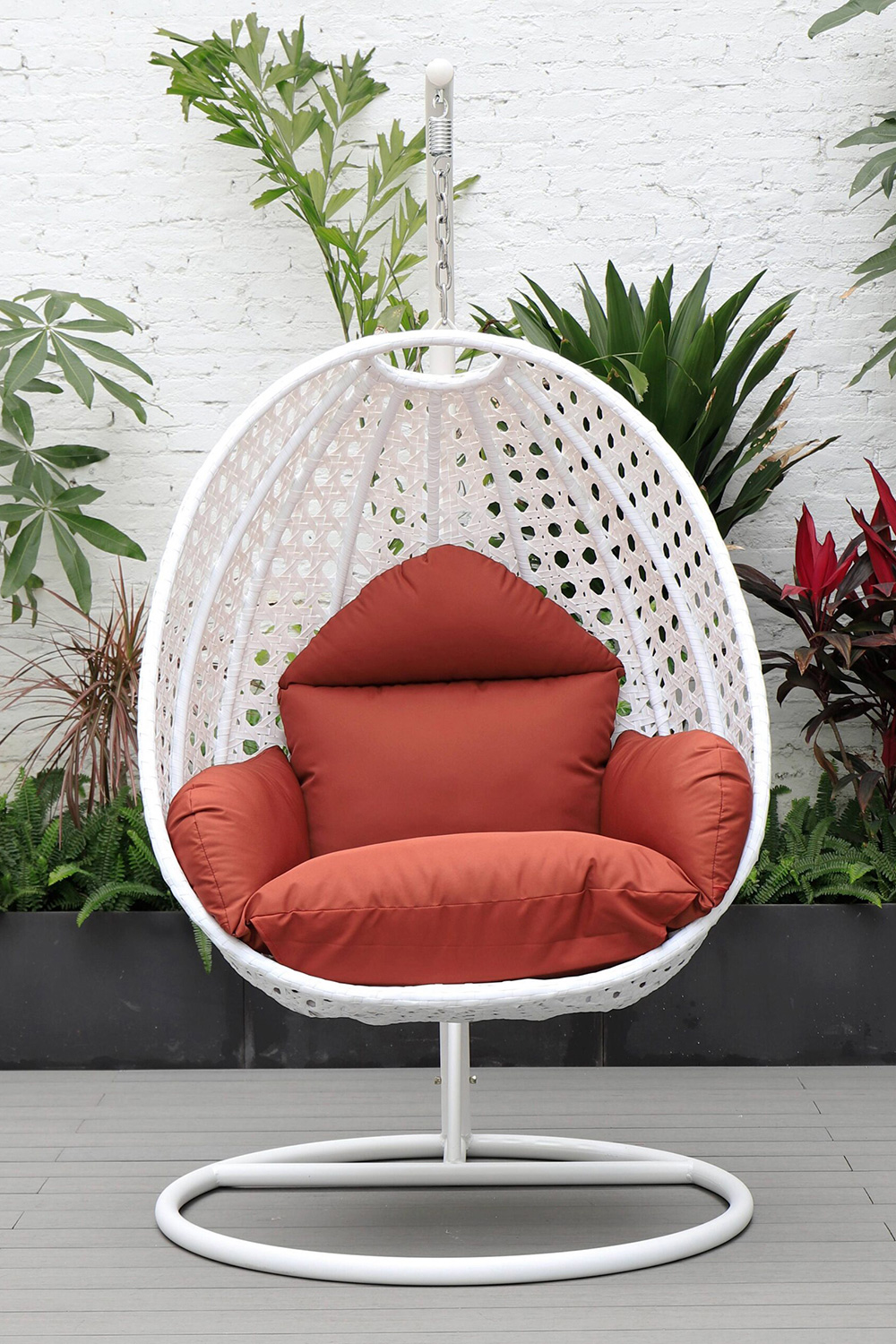 LeisureMod White Wicker Hanging Single Egg Swing Chair with Cushions - Cherry