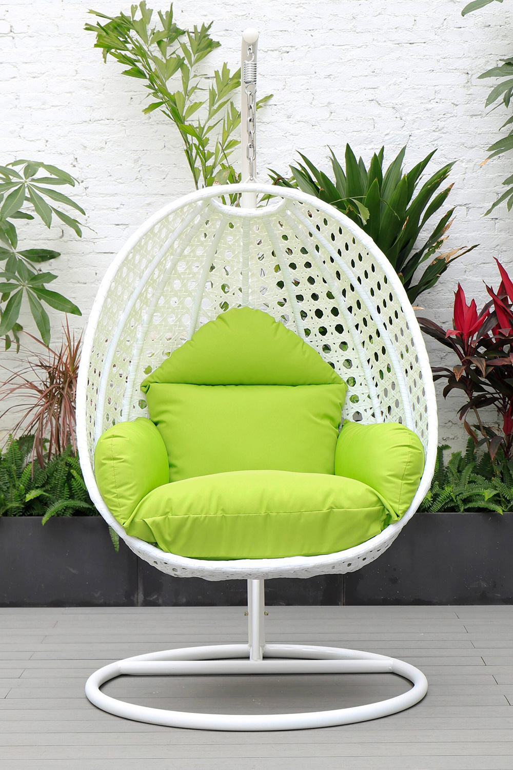 LeisureMod White Wicker Hanging Single Egg Swing Chair with Cushions - Light Green