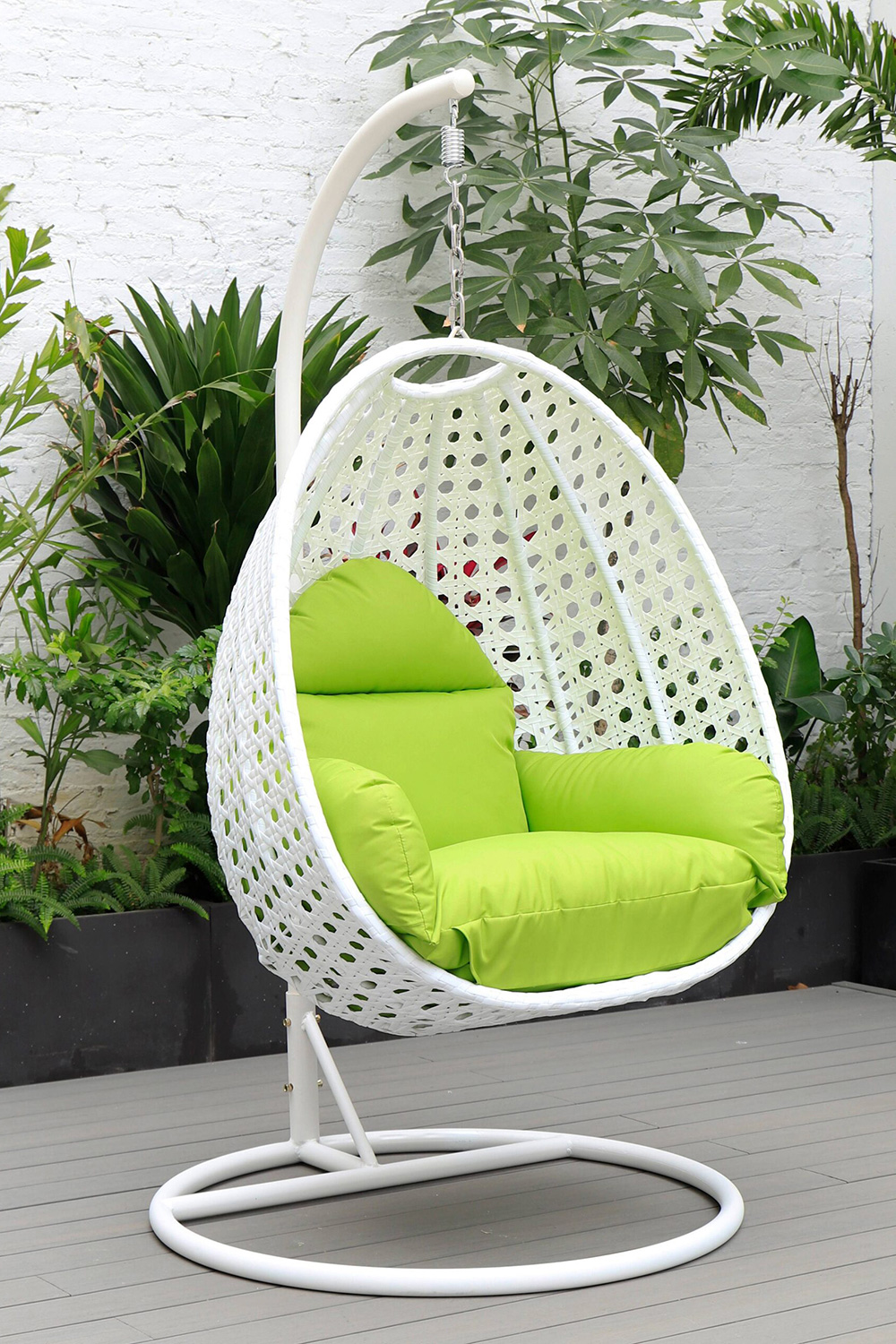 LeisureMod White Wicker Hanging Single Egg Swing Chair with Cushions - Light Green