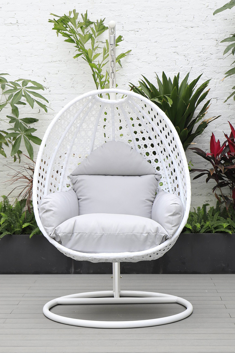 LeisureMod White Wicker Hanging Single Egg Swing Chair with Cushions - Light Gray