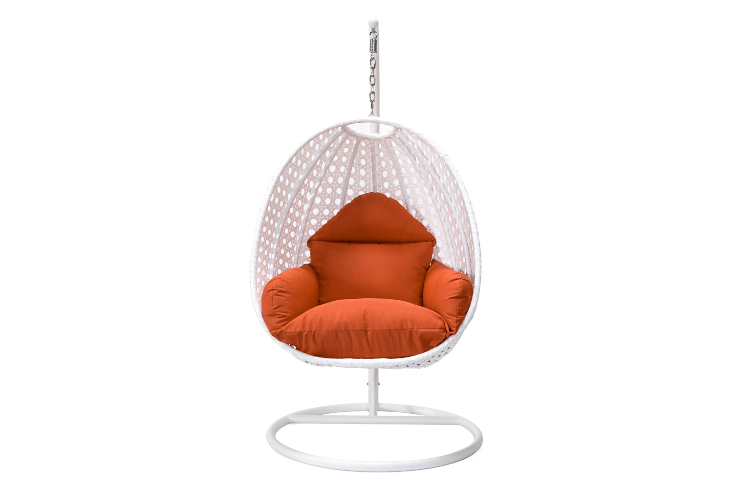 LeisureMod White Wicker Hanging Single Egg Swing Chair with Cushions - Orange