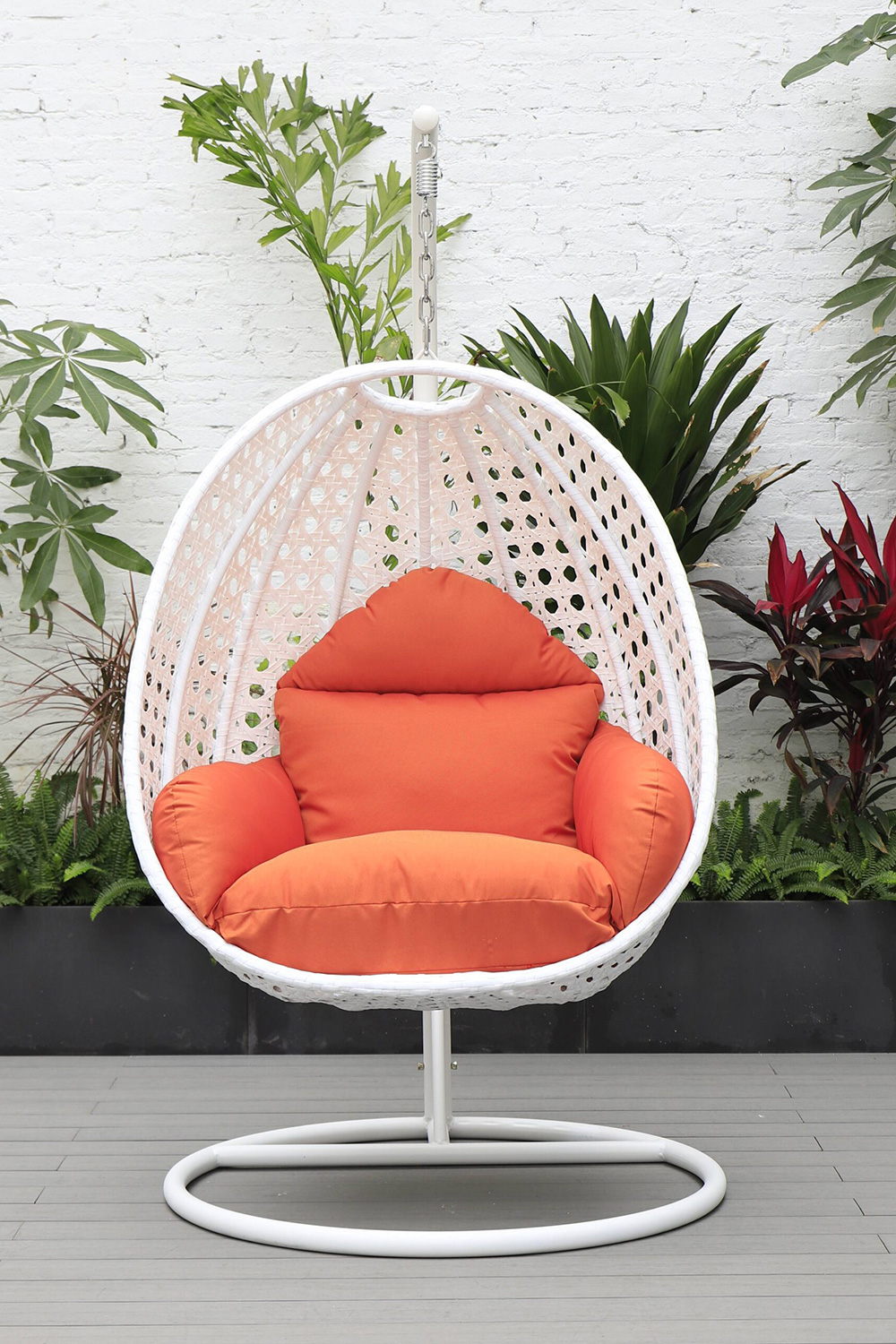 LeisureMod White Wicker Hanging Single Egg Swing Chair with Cushions - Orange