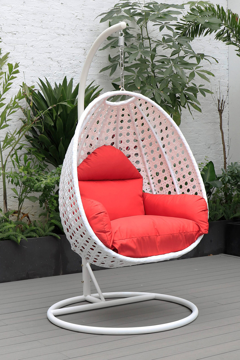 LeisureMod White Wicker Hanging Single Egg Swing Chair with Cushions - Red