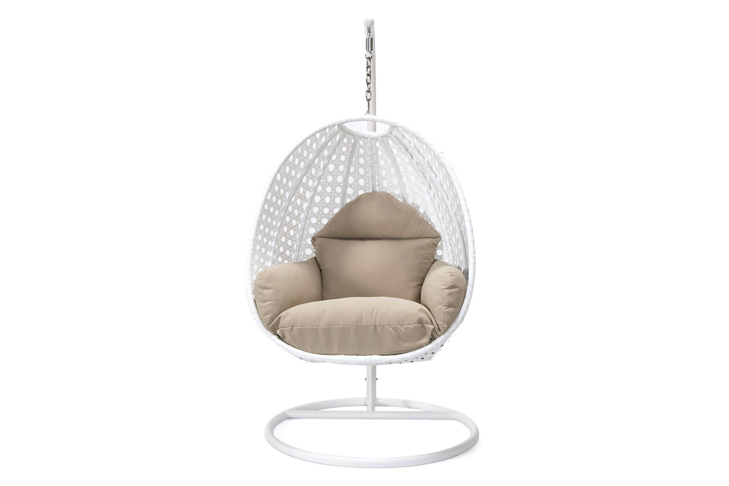 LeisureMod White Wicker Hanging Single Egg Swing Chair with Cushions - Taupe