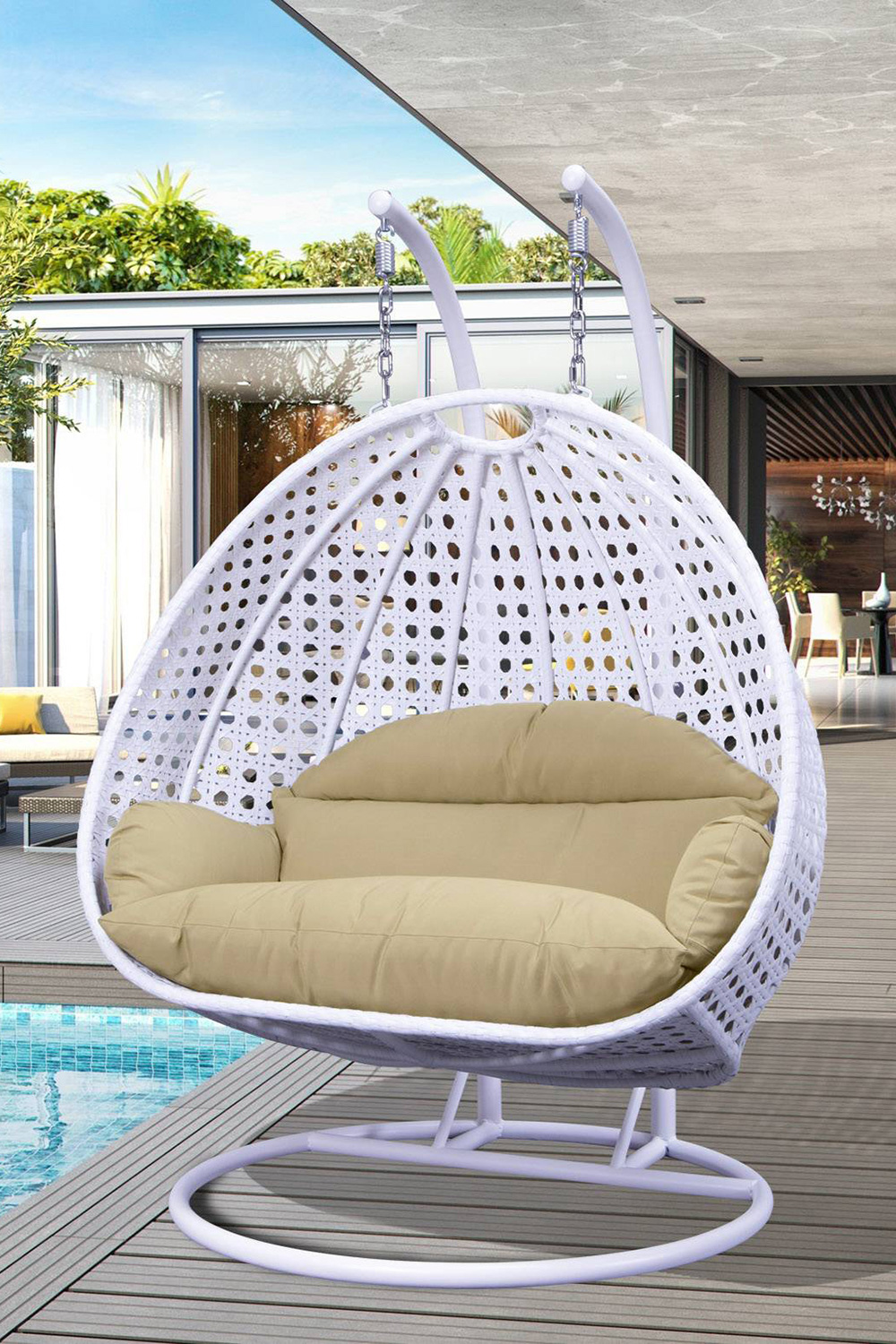 LeisureMod Modern White Wicker Hanging Double Seater Egg Swing Chair - Beige