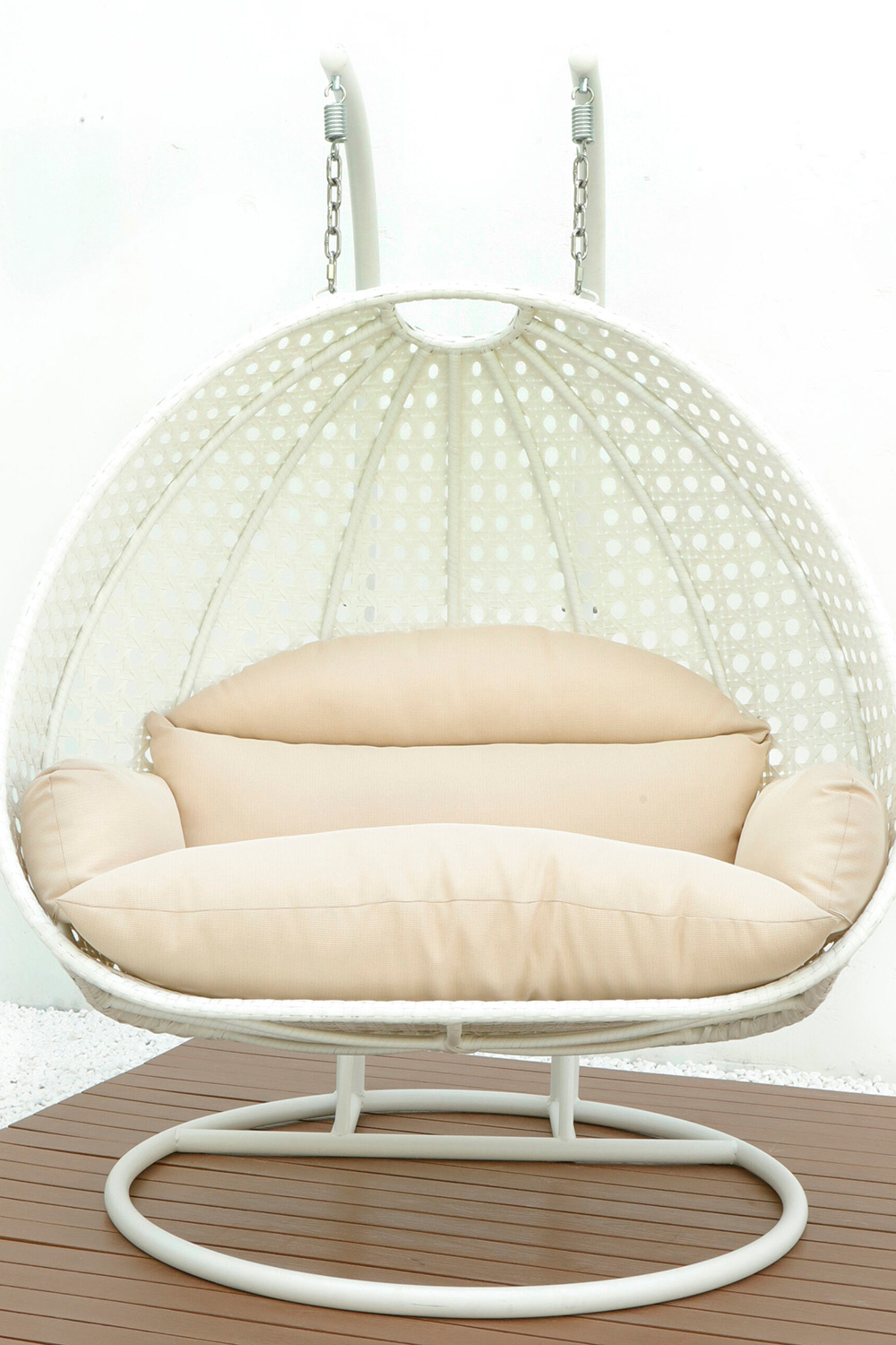 LeisureMod Modern White Wicker Hanging Double Seater Egg Swing Chair - Beige