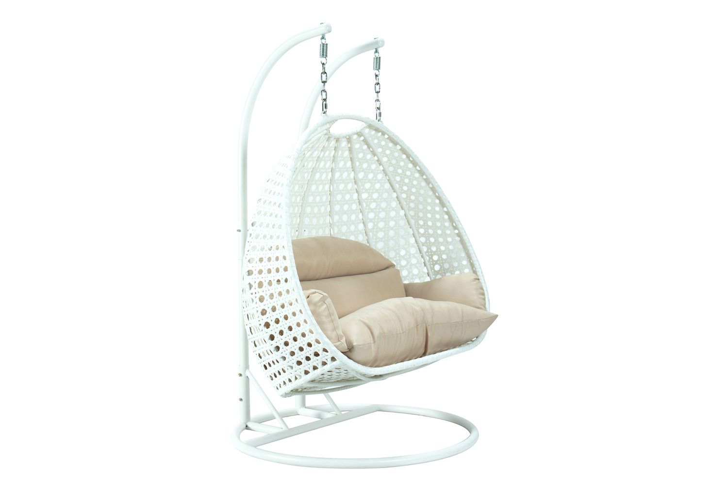 LeisureMod Modern White Wicker Hanging Double Seater Egg Swing Chair - Beige