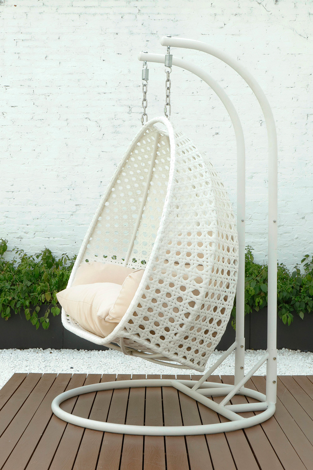 LeisureMod Modern White Wicker Hanging Double Seater Egg Swing Chair - Beige