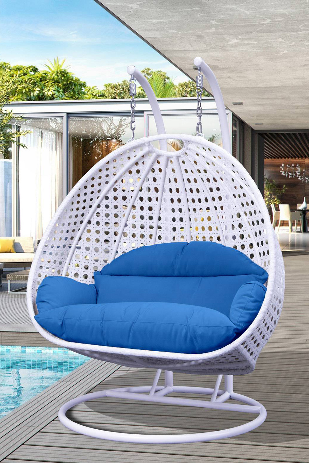 LeisureMod Modern White Wicker Hanging Double Seater Egg Swing Chair - Blue