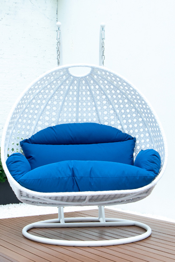 LeisureMod Modern White Wicker Hanging Double Seater Egg Swing Chair - Blue