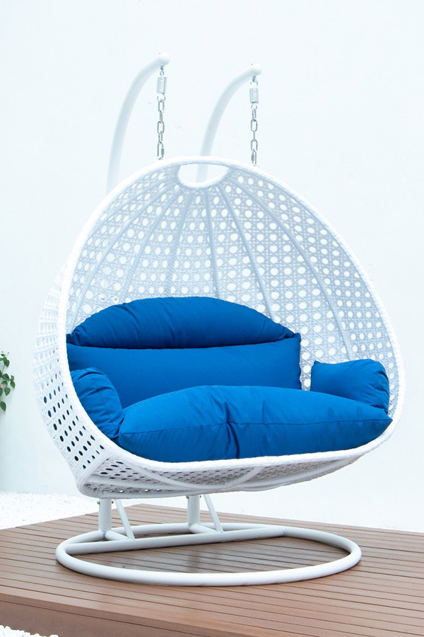 LeisureMod Modern White Wicker Hanging Double Seater Egg Swing Chair - Blue