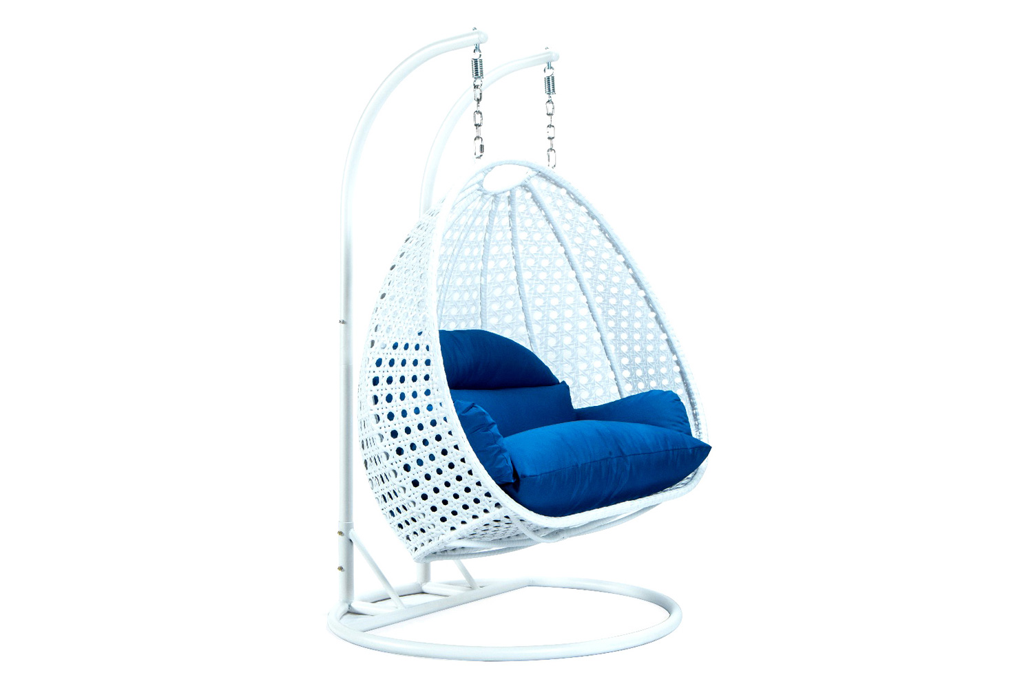 LeisureMod Modern White Wicker Hanging Double Seater Egg Swing Chair - Blue