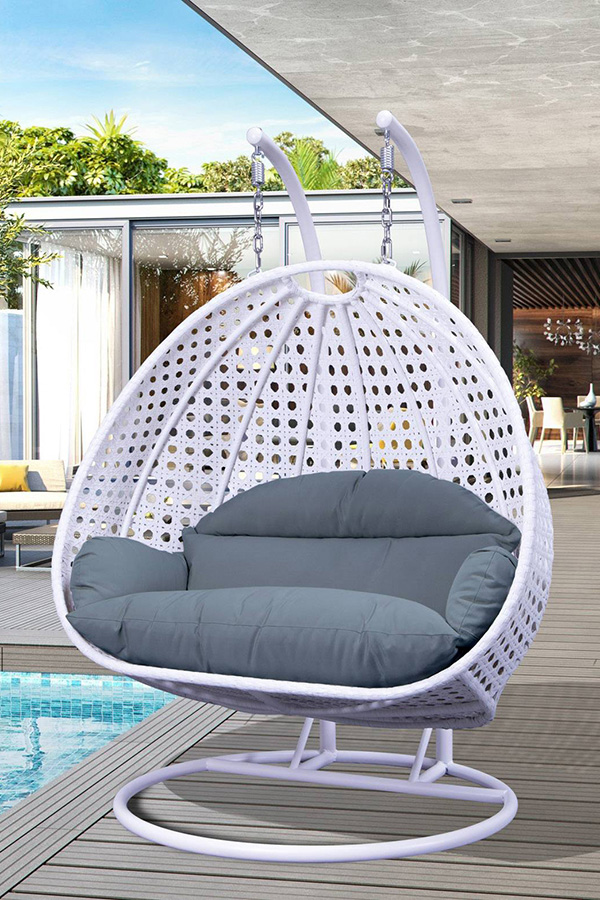 LeisureMod Modern White Wicker Hanging Double Seater Egg Swing Chair - Charcoal/Blue