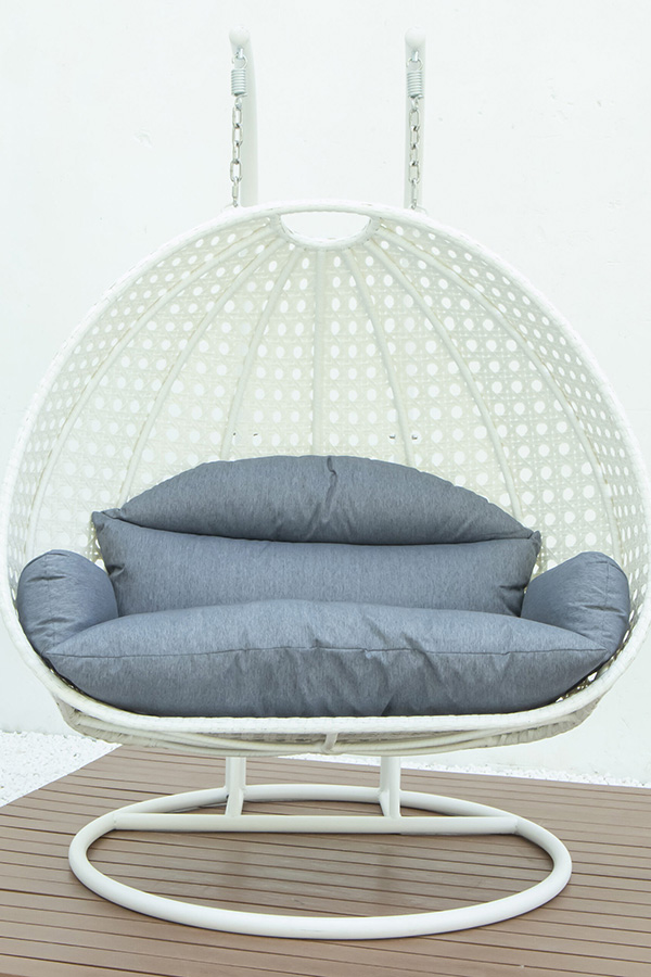 LeisureMod Modern White Wicker Hanging Double Seater Egg Swing Chair - Charcoal/Blue