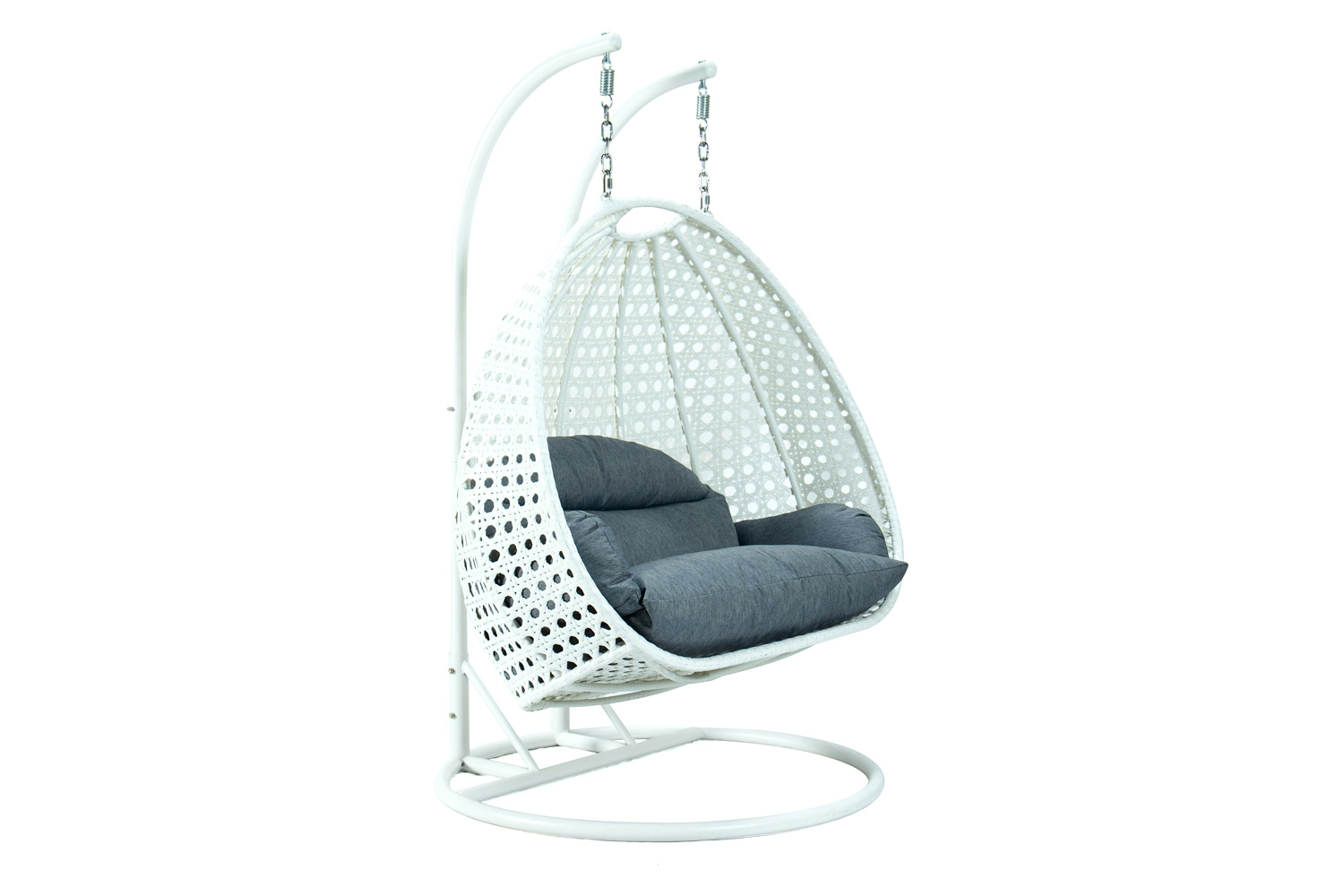 LeisureMod Modern White Wicker Hanging Double Seater Egg Swing Chair - Charcoal/Blue