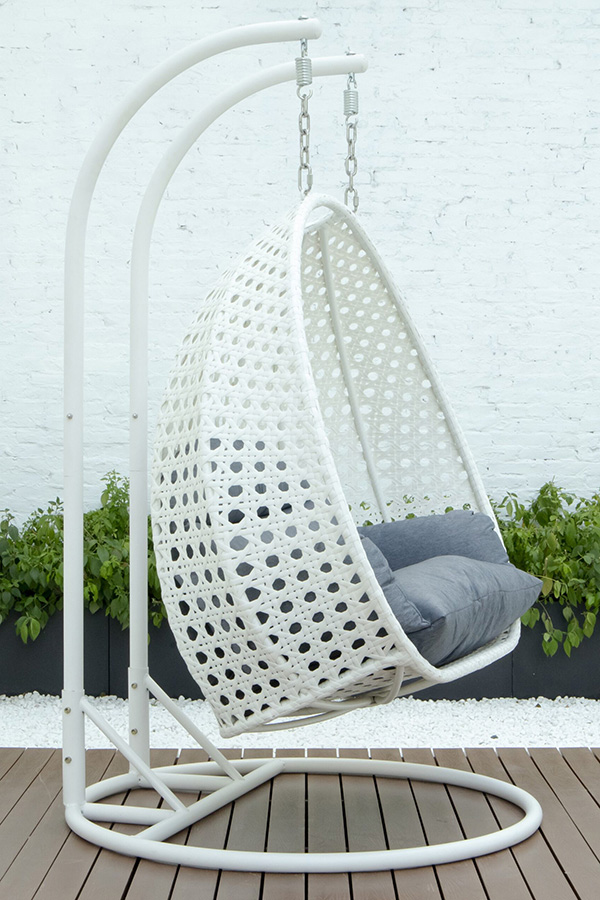 LeisureMod Modern White Wicker Hanging Double Seater Egg Swing Chair - Charcoal/Blue