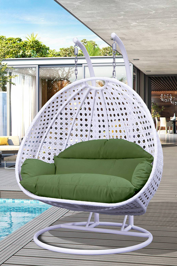 LeisureMod Modern White Wicker Hanging Double Seater Egg Swing Chair - Dark Green