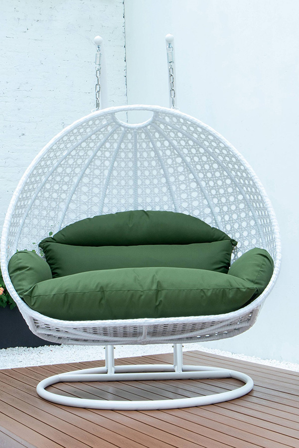 LeisureMod Modern White Wicker Hanging Double Seater Egg Swing Chair - Dark Green